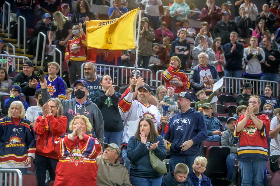 Hundreds of Peoria Rivermen fans gathered at the Peoria Civic Center for a ceremony honoring the team's SPHL President's Cup championship Friday, May 6, 2022 at the Peoria Civic Center.