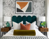 <p> There are some colors that just gel better than others, and teal and burnt orange are a match made in heaven. These deep, rich, and luxurious shades pop especially well against a soft grey backdrop, being not too harsh and not too neutral to stand up to the colors.  </p> <p> 'A silver gray looks fantastic with a deep teal or pastel turquoise,' shares Chris Campbell, Partner at The Charming Bench Company. 'Various hues of aquamarine with black and white accents give a timeless aesthetic that looks contemporary but also classic.' </p> <p> You can get the look of this stunning statement bed with our DIY upholstered scalloped headboard hack – it's easier to recreate than you may think! </p>