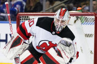 New Jersey Devils goaltender Nico Daws protects the net during the first period of the team's NHL hockey game against the New York Rangers on Friday, March 4, 2022, in New York. (AP Photo/Frank Franklin II)