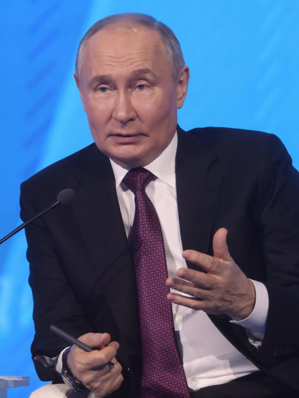 MOSCOW, RUSSIA - APRIL 25: (RUSSIA OUT) Russian President Vladimir Putin gestures during the plenary session of the congress of Russian Union of Industrialists and Entrepreneurs (RSPP) on April 25 2024 in Moscow, Russia. Vladimir Putin visited an annual