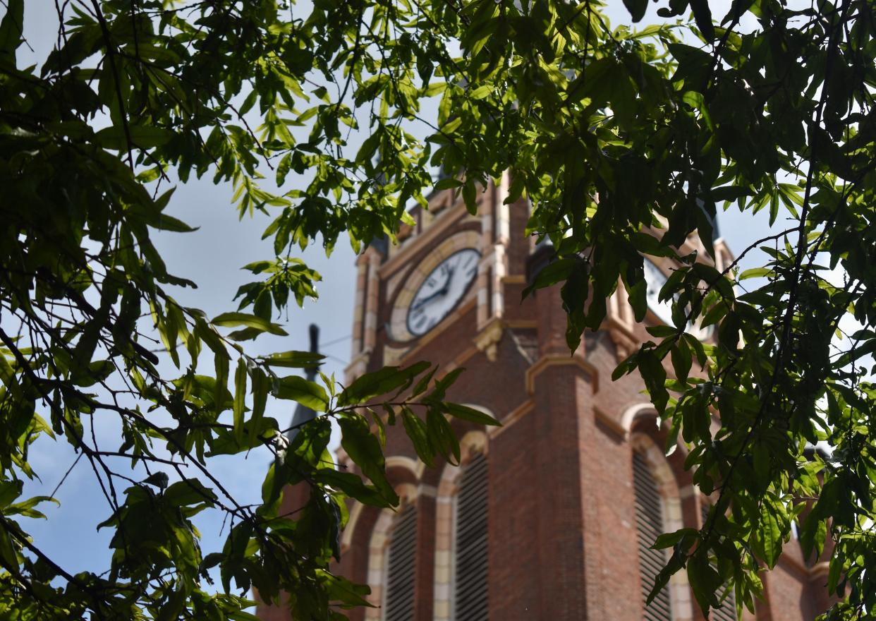 Trees cast shade midday at Founders Square, across from the Cathedral of the Assumption in downtown Louisville. Aug. 11, 2023
