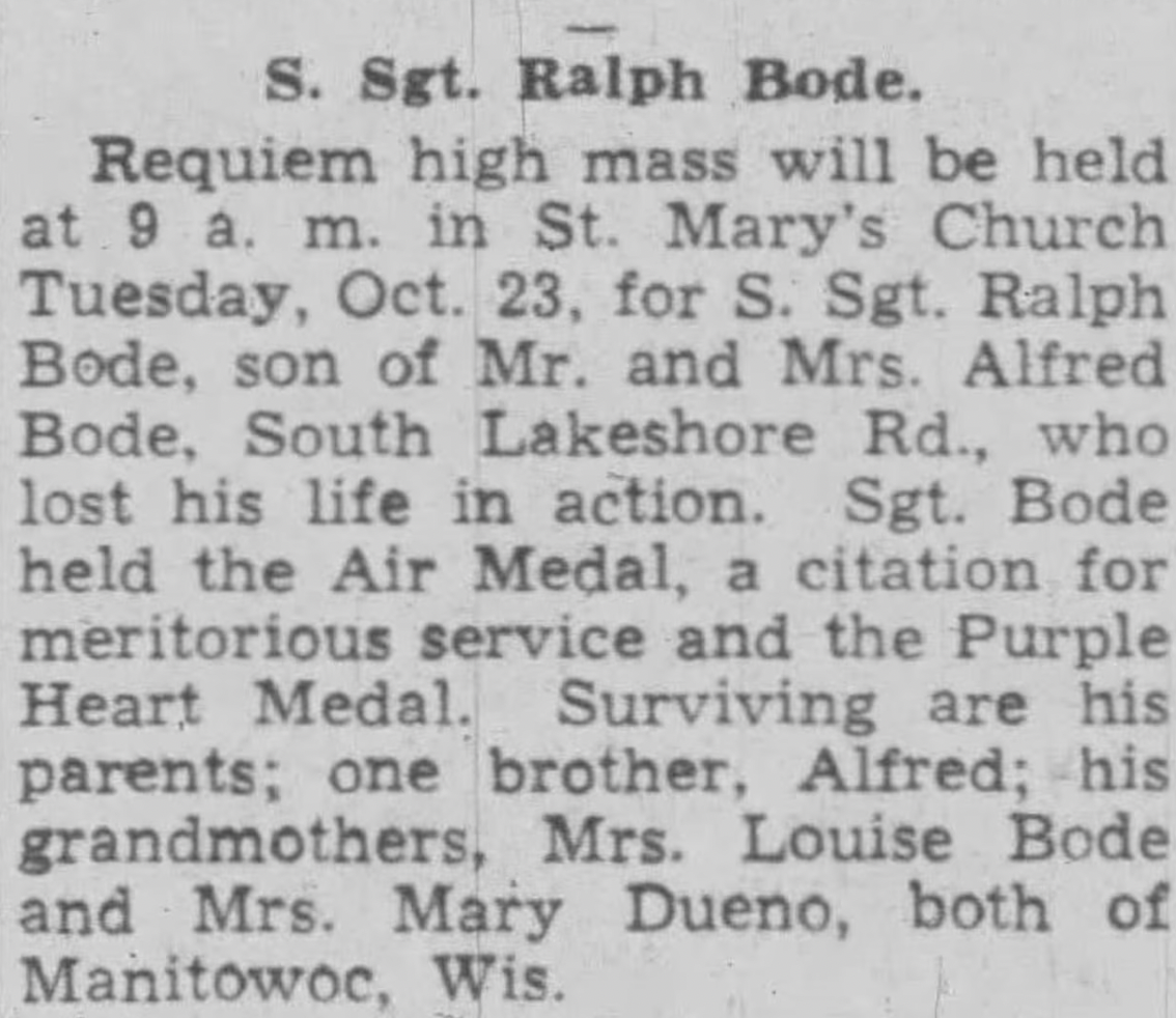 A news clipping announcing requiem services for Bode. / Credit: Defense POW/MIA Accounting Agency