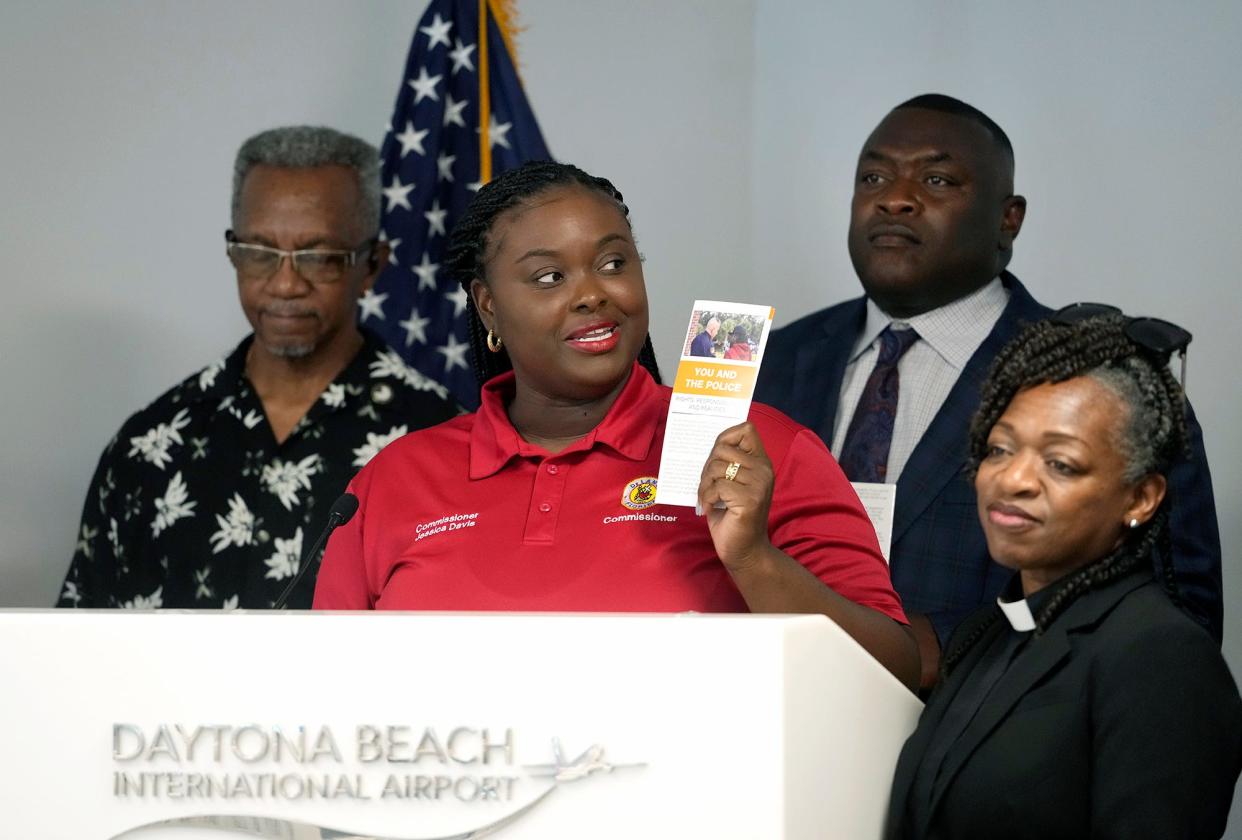 DeLand City Commissioner Jessica Davis talks about a program during Minority Elected Officials and law enforcement officials press conference at Daytona Beach International Airport, Friday, June 24, 2022