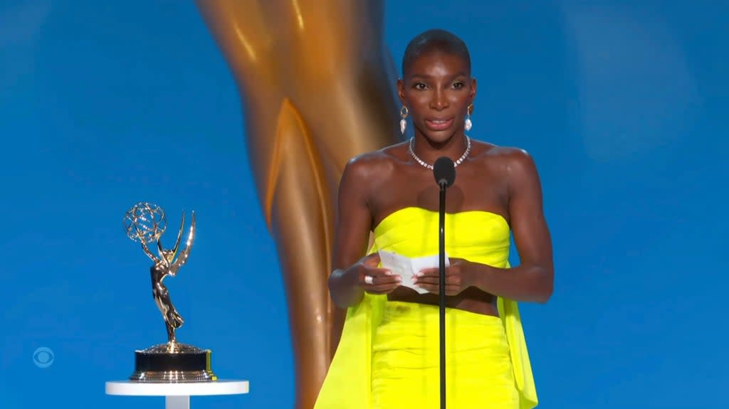 Michaela Coel accepts the award for outstanding writing for a limited or anthology series or movie for I May Destroy You (AP)