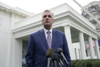 FILE - House Minority Leader Kevin McCarthy of Calif., speaks with reporters at the White House in Washington, Nov. 29, 2022, about his meeting with President Joe Biden. House Speaker Kevin McCarthy said Sunday, Jan. 29, 2023, that he is looking forward to discussing with President Joe Biden a “reasonable and responsible way to lift the debt ceiling” when the two meet for their first sit-down on Wednesday with McCarthy as leader of the chamber. (AP Photo/Susan Walsh, File)