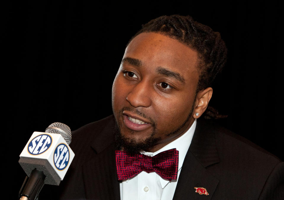 Jul 16, 2014; Hoover, AL, USA; Arkansas Razorbacks safety Alan Turner talks to the media during the SEC Football Media Days at the Wynfrey Hotel. Mandatory Credit: Marvin Gentry-USA TODAY Sports