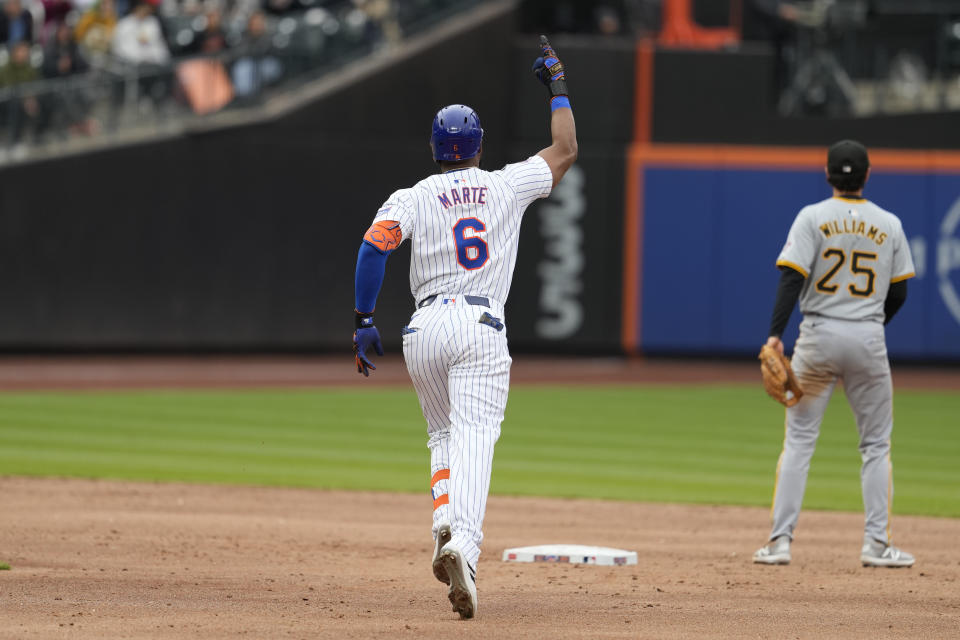 New York Mets' Starling Marte rounds the bases after hitting a two-run home run during the third inning of a baseball game against the Pittsburgh Pirates, Wednesday, April 17, 2024, in New York. (AP Photo/Mary Altaffer)