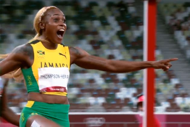 La Jamaïcaine Elaine Thompson-Herah est parvenue à conserver son titre olympique sur le 100 mètres à Tokyo. Et cela en devançant deux de ses compatriotes: Shelly-Ann Fraser-Pryce et Shericka Jackson. (Photo: Capture d'écran Eurosport)