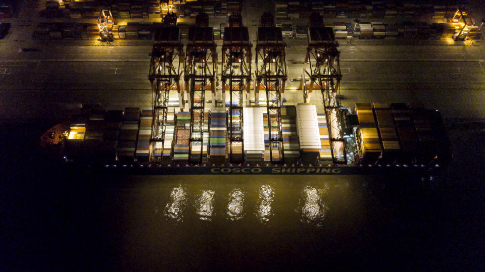 Image: A Cosco Shipping Lines Co. container ship in the Yangshan Deepwater Port in Shanghai, China, in 2019. (Qilai Shen / Bloomberg via Getty Images file)