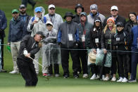 Phil Mickelson chips to the green on the third hole during the weather delayed third round of the Masters golf tournament at Augusta National Golf Club on Saturday, April 8, 2023, in Augusta, Ga. (AP Photo/Mark Baker)