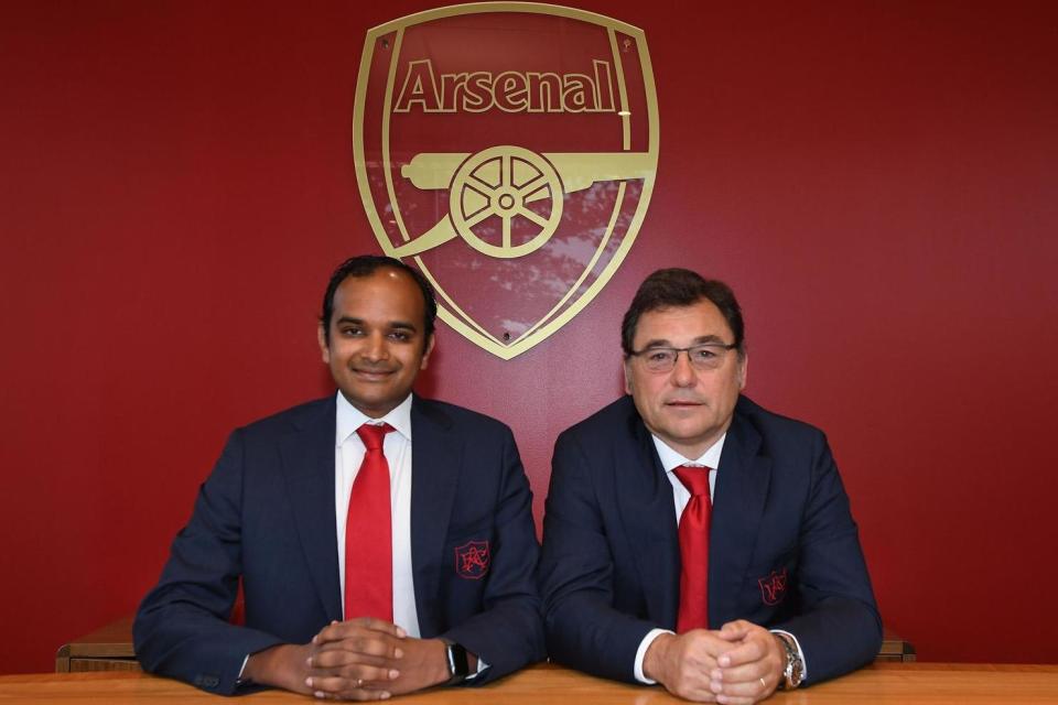 Gunning for glory: new managing director Vinai Venkatesham and head of football Raul Sanllehi: Arsenal FC via Getty Images