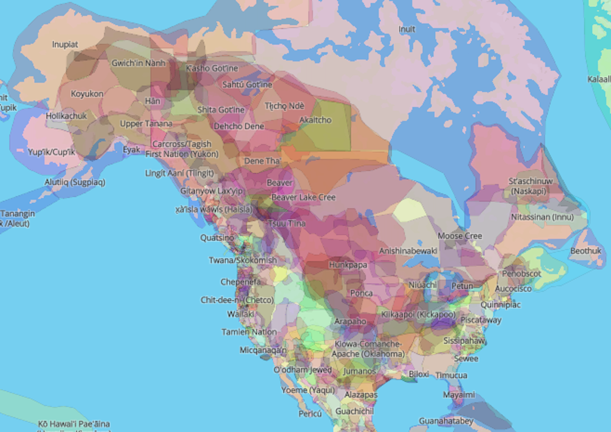 A portion of a map that erases the borders Colonial powers drew, and shows instead the Indigenous territories, treaties and languages of North America. <a href="https://native-land.ca/" rel="nofollow noopener" target="_blank" data-ylk="slk:Native Land Digital;elm:context_link;itc:0;sec:content-canvas" class="link ">Native Land Digital</a>, <a href="http://creativecommons.org/licenses/by-sa/4.0/" rel="nofollow noopener" target="_blank" data-ylk="slk:CC BY-SA;elm:context_link;itc:0;sec:content-canvas" class="link ">CC BY-SA</a>