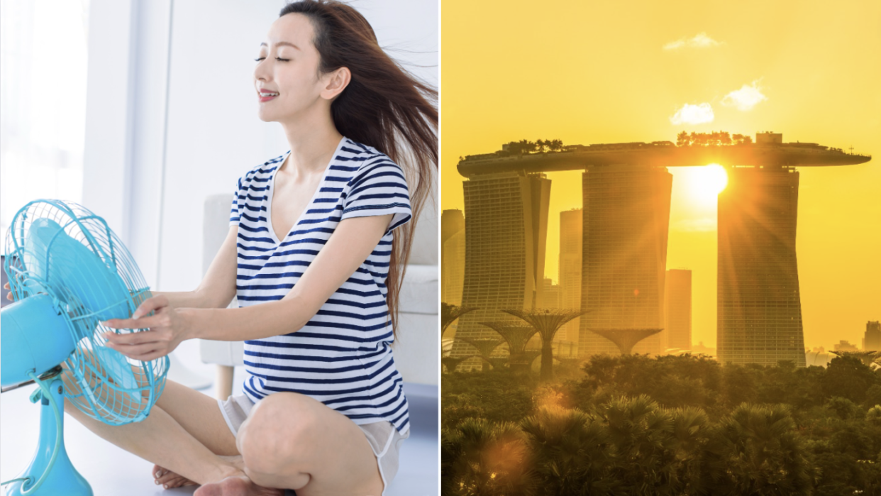 Woman sitting in front of the fan to beat the heat in Singapore (left) and Singapore skyline with afternoon sun