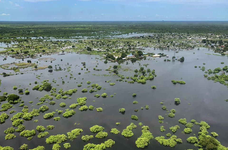 Flooding is seen from the air in the Greater Pibor Administrative Area in South Sudan, Friday, Sept. 4, 2020. Flooding has affected well over a million people across East Africa, another calamity threatening food security on top of a historic locust outbreak and the coronavirus pandemic. (Tetiana Gaviuk/Medecins Sans Frontieres via AP)