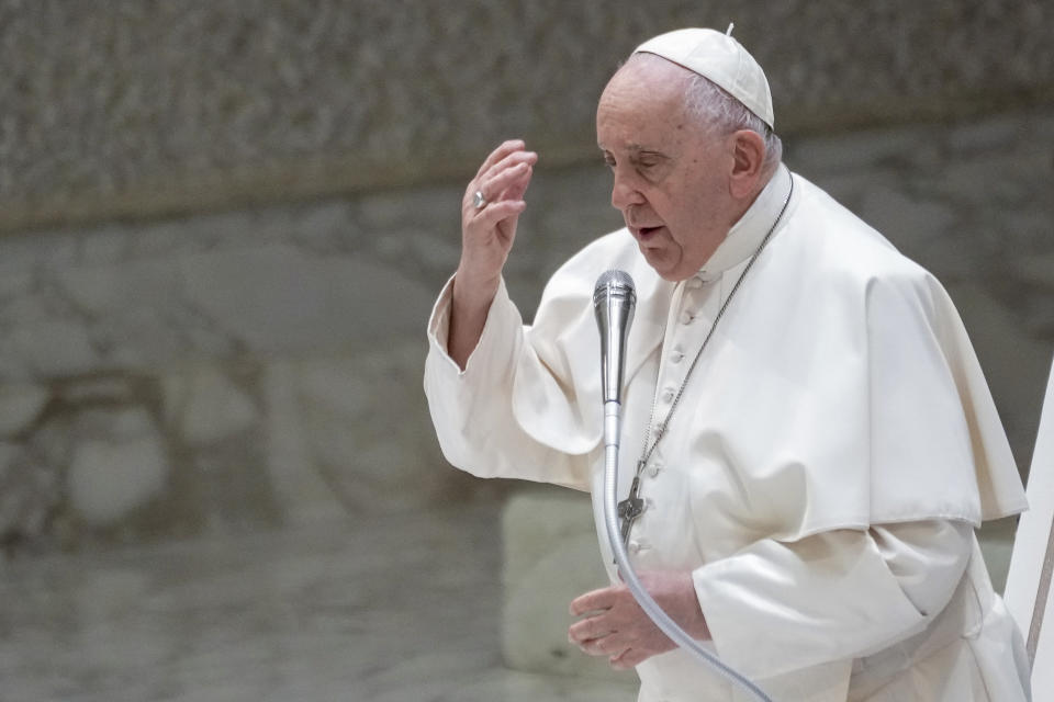 Pope Francis does the sign of the cross during his weekly general audience in the Pope Paul VI hall at the Vatican, Wednesday, Aug. 30, 2023. (AP Photo/Andrew Medichini)