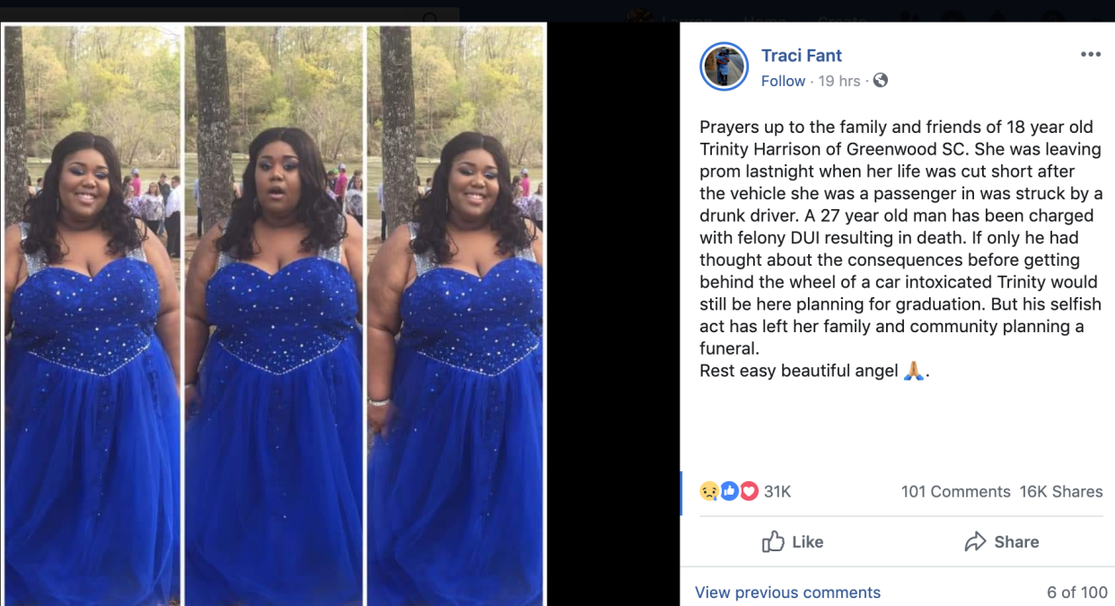 An 18-year-old was killed on her way home from prom in Greenville County, South Carolina. (Photo: Facebook/Traci Fant)