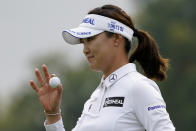 So Yeon Ryu, of South Korea, reacts to sinking her putt on the 17th green in the first round of the Cognizant Founders Cup LPGA golf tournament, Thursday, Oct. 7, 2021, in West Caldwell, N.J. (AP Photo/John Minchillo)