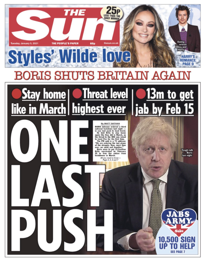 Following Boris Johnson's announcement of a third lockdown for England, the splash on The Sun read: 'One last push'.