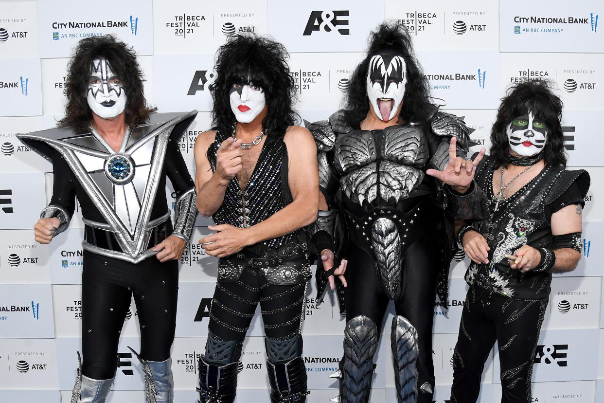 NEW YORK, NEW YORK - JUNE 11: (L-R) Tommy Thayer, Paul Stanley, Gene Simmons, and Eric Singer of KISS attend the Tribeca Festival screening of 