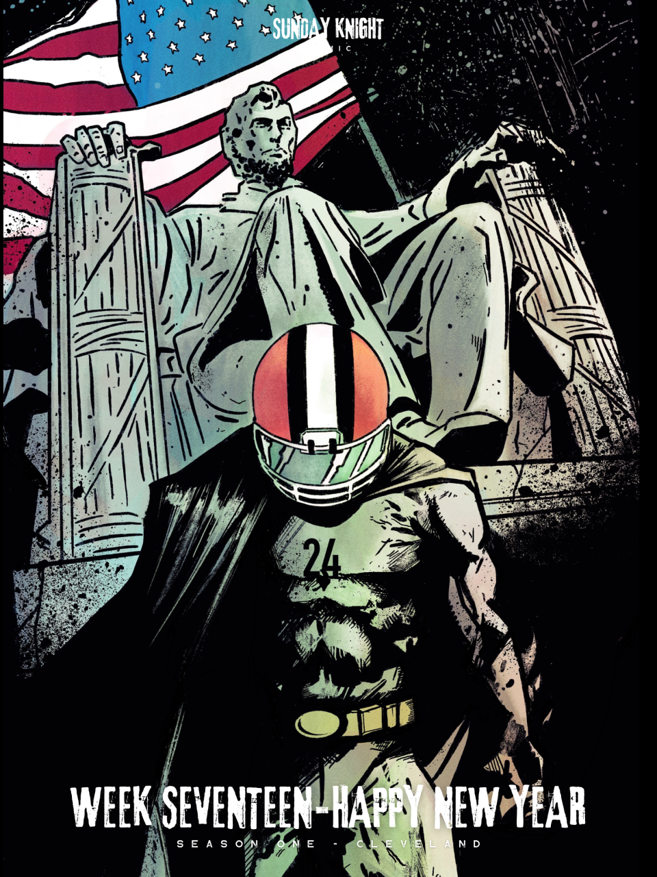 Nick Chubb's Batman character in Sunday Knight Comic before the Cleveland Browns played the Washington Commanders in Week 17 of the 2022 NFL season.