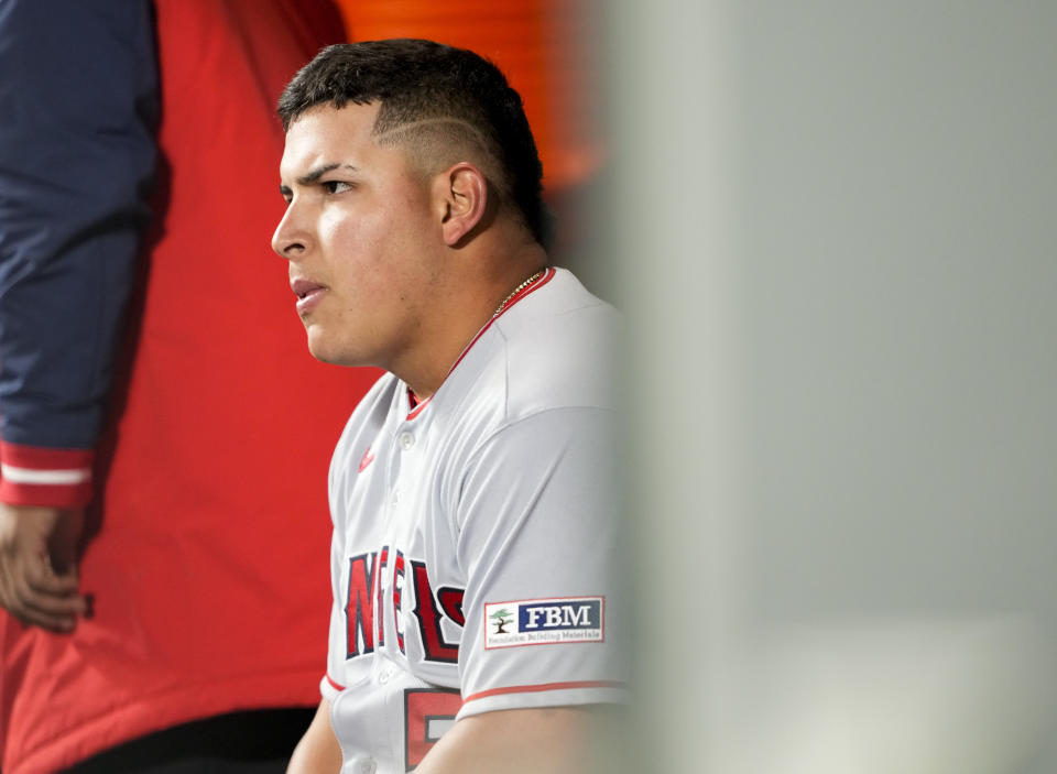 Los Angeles Angels starting pitcher Jose Suarez sits in the dugout after being pulled in the fifth inning of a baseball game against the Seattle Mariners, Tuesday, April 4, 2023, in Seattle. (AP Photo/Lindsey Wasson)