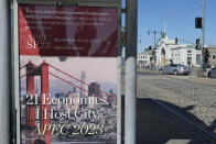 Signage along the Embarcadero promotes the upcoming Asia-Pacific Economic Cooperation leaders summit in San Francisco, Wednesday, Oct. 18, 2023. A $4 million marketing campaign touting San Francisco's resilience, innovation and moxie launches Thursday, Oct. 19, as the embattled city prepares to host a high-profile APEC leaders' summit next month that could boost its image or pile on to its woes. (AP Photo/Eric Risberg)