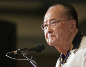 FILE - In this Nov. 6, 2012 file photo, U.S. Sen. Daniel Inouye speaks at the Japanese Cultural Center in Honolulu. The U.S. Navy on Wednesday, Dec. 8, 2021, commissioned the USS Daniel Inouye, named after the long-serving U.S. senator from Hawaii and decorated World War II veteran. (AP Photo/Marco Garcia, File)