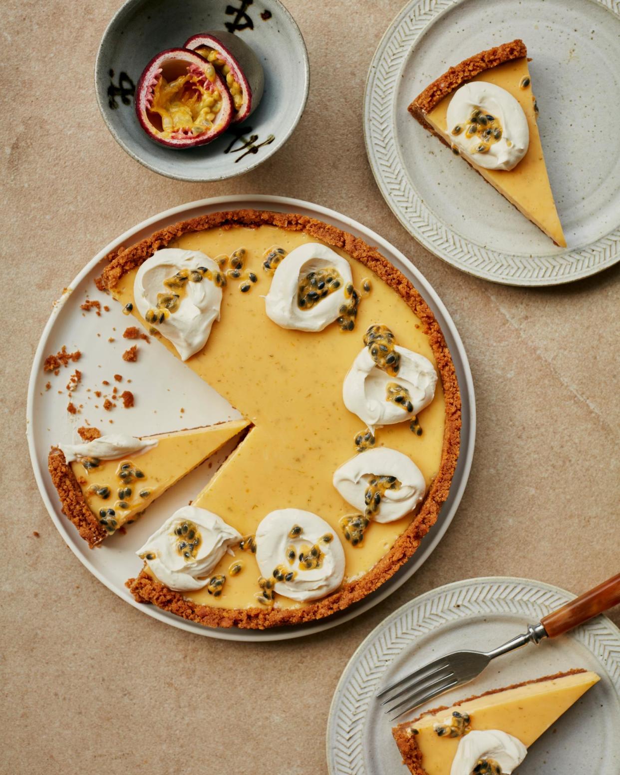 <span>Benjamina Ebuehi’s passion fruit and ginger tart.</span><span>Photograph: Laura Edwards/The Guardian. Food styling: Benjamina Ebuehi. Prop styling: Anna Wilkins. Food styling assistant: Lara Cook.</span>