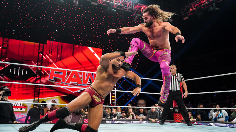 Seth Rollins delivers a stomp to Jinder Mahal on WWE’s “Monday Night Raw”