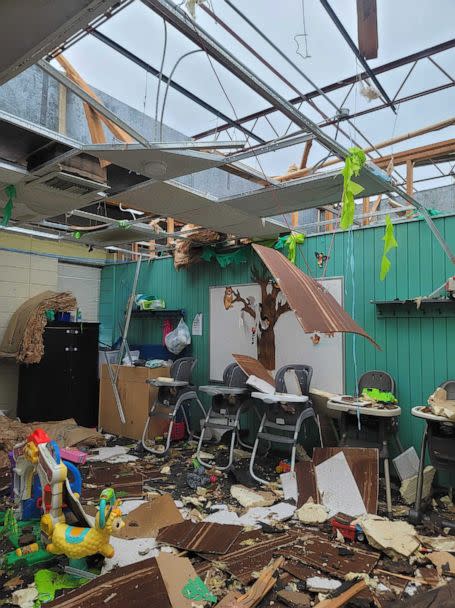 PHOTO: After the roof collapsed, highchairs, toys, and learning materials were covered in debris. (Amanda McCloud)
