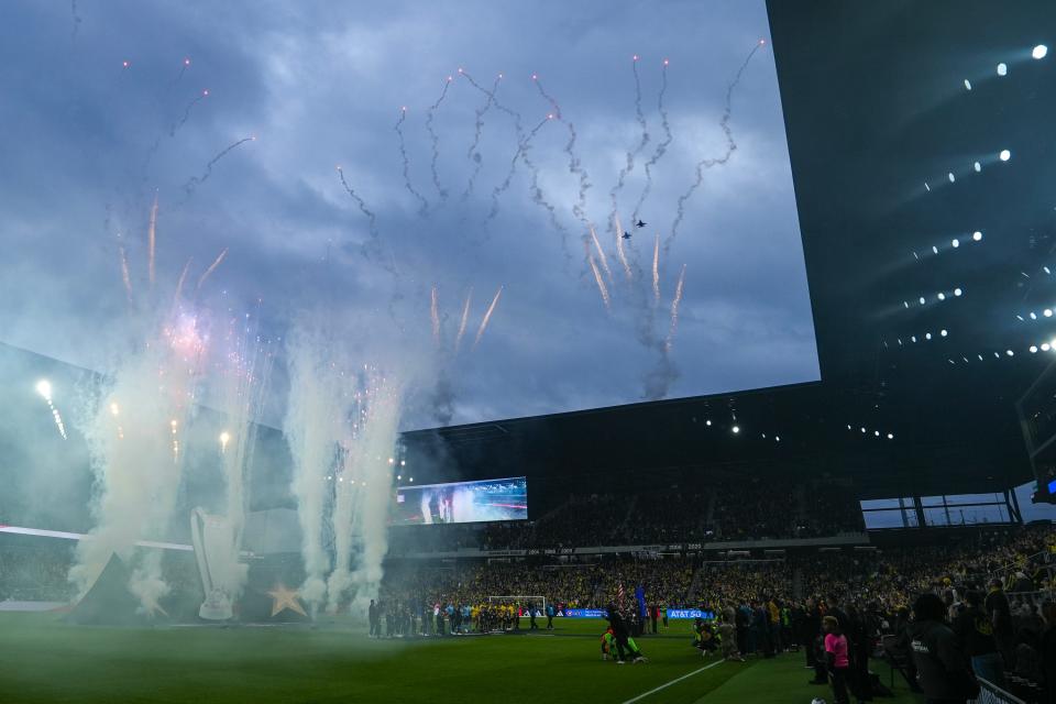 Dec 9, 2023; Columbus, OH, USA; F-16s fly over Lower.com Field prior to the MLS Cup final between the Columbus Crew and Los Angeles FC. Mandatory Credit: Adam Cairns-USA TODAY Sports