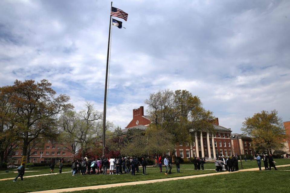 WASHINGTON, DC – APRIL 11: Students and members of the administration at Howard University hold a rally against sexual assault on the campus of the university April 11, 2016 in Washington, DC. The rally was held as part of Sexual Assault Awareness Month. (Photo by Win McNamee/Getty Images)