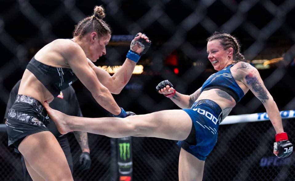 Joanne Wood of Scottland fights against Maryna Moroz of Ukraine during their Women’s Flyweight title match during the UFC 299 event at the Kaseya Center on Saturday, March 9, 2024, in downtown Miami, Fla. MATIAS J. OCNER/mocner@miamiherald.com