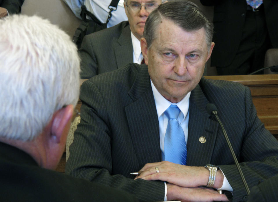 Kansas state Rep. Richard Carlson, a St. Marys Republican, listens to arguments during negotiations over tax cuts with senators, Thursday, April 26, 2012, at the Statehouse in Topeka, Kan. Carlson is the House's lead negotiator on tax issues. (AP Photo/John Hanna)