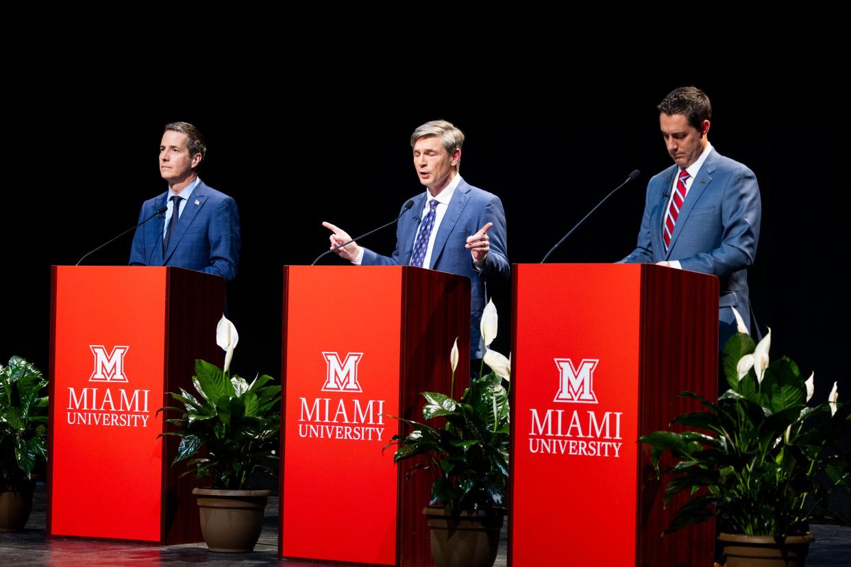 Ohio U.S. Senate candidates Bernie Moreno, Matt Dolan and Frank LaRose take part in their final debate on March 6 at Miami University. Photo courtesy of Miami University.