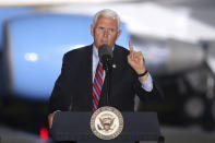 Vice President Mike Pence speaks to supporters Saturday Oct. 24, 2020 in Tallahassee, Fla. Battleground Florida was again a central focus of the presidential campaign Saturday as President Donald Trump, Vice President Mike Pence and former President Barack Obama all had high-profile events in the state. (AP Photo/Steve Cannon)