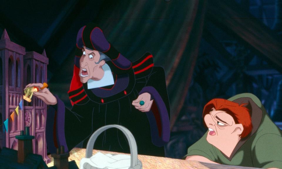 Frollo confronts Quasimodo inside the bell tower in a scene from "The Hunchback of Notre Dame."