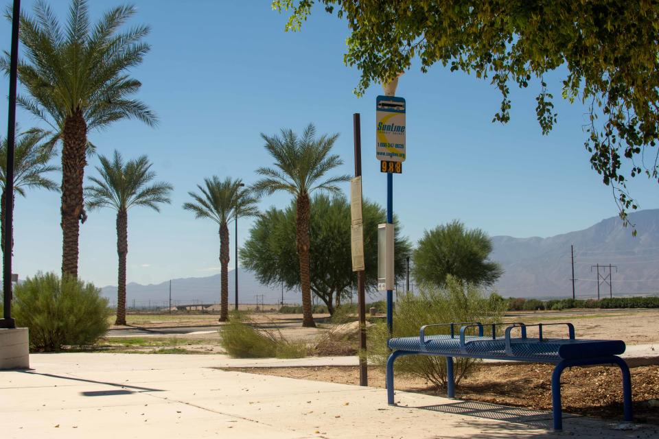 A SunLine bus stop outside the College of the Desert campus in Thermal, Calif. on Sept. 22, 2022.