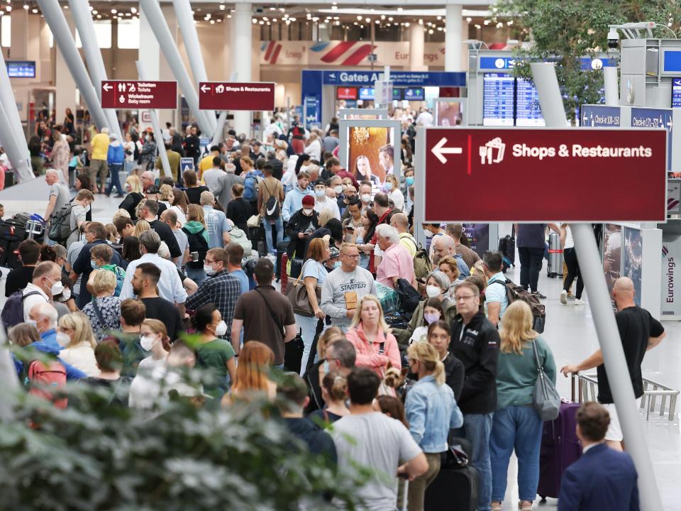 Long lines at the Düsseldorf Airport in Germany.