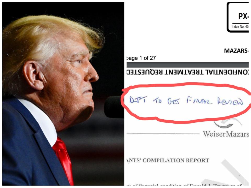 A composite image of Donald Trump and a document with a hand-written note: "DJT TO GET FINAL REVIEW."
