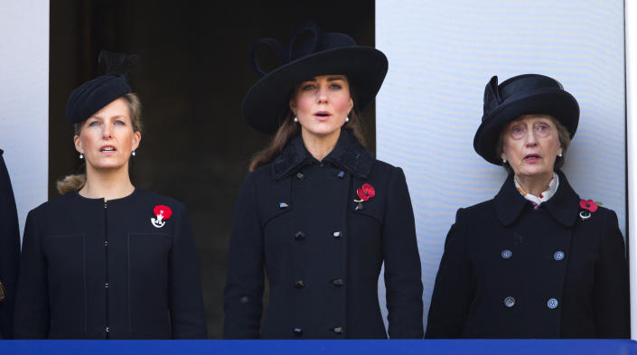 LONDON, UNITED KINGDOM - NOVEMBER 11: (EMBARGOED FOR PUBLICATION IN UK NEWSPAPERS UNTIL 48 HOURS AFTER CREATE DATE AND TIME) Sophie, Countess of Wessex, Catherine, Duchess of Cambridge and Lady Susan Hussey (Lady in Waiting to Queen Elizabeth II and Godmother to Prince William, Duke of Cambridge) attend the annual Remembrance Sunday Service at the Cenotaph, Whitehall on November 11, 2012 in London, England. Remembrance Sunday tributes were carried out across the nation to pay respects to all who those who lost their lives in current and past conflicts, including the First and Second World Wars. (Photo by Indigo/Getty Images)