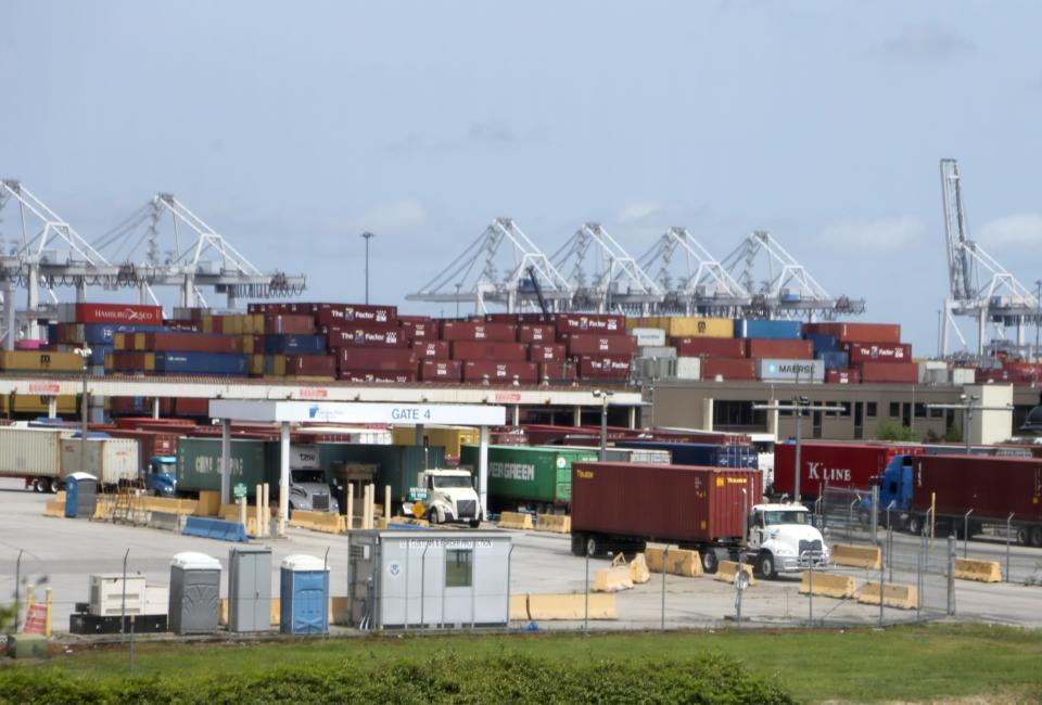 Loaded trucks leave the Georgia Ports Authority Garden City Terminal.