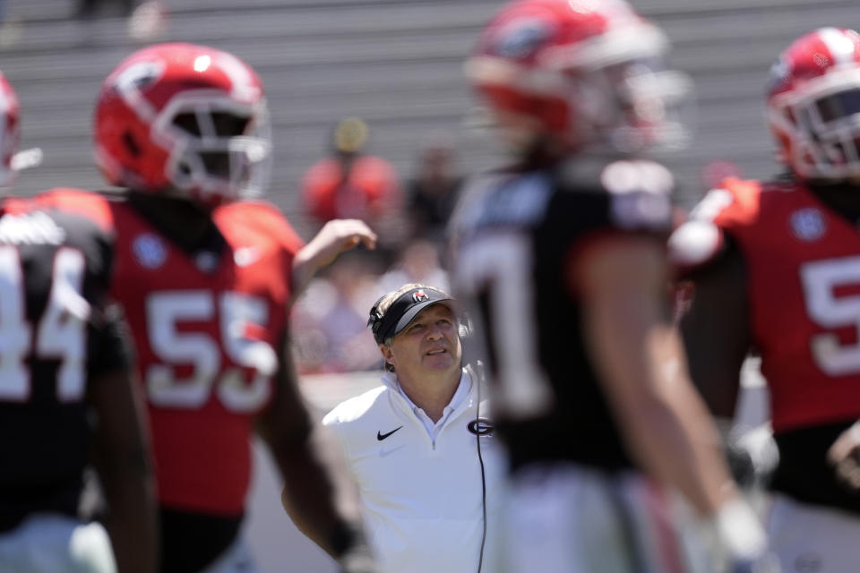 Georgia head coach Kirby Smart looks on during the first of an NCAA college spring football game Saturday, April 13, 2024, in Athens, Ga. (AP Photo/John Bazemore)