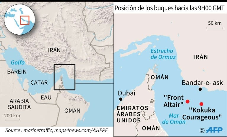 Localización de los petroleros "Front Altair" y "Kokuba Courageous", evacuados después de un nuevo incidente en el Golfo, en el mar de Omán