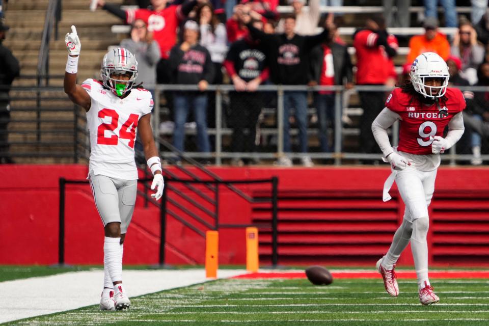 Ohio State cornerback Jermaine Mathews Jr. celebrates an incomplete pass to Rutgers receiver JaQuae Jackson on Saturday.