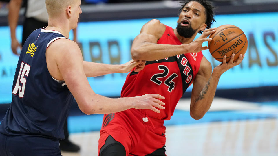 Toronto Raptors centre Khem Birch says he and his family tested positive for the coronavirus. (AP Photo/David Zalubowski)