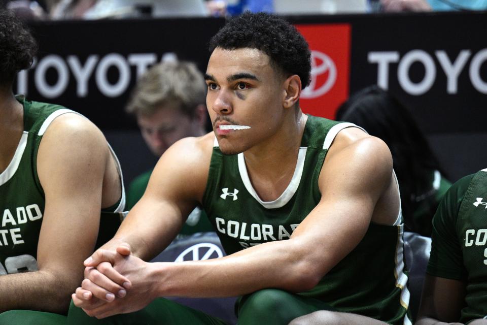 Feb 21, 2023; San Diego, California, USA; Colorado State Rams guard John Tonje (1) looks on from the bench during the second half against the San Diego State Aztecs at Viejas Arena. Mandatory Credit: Orlando Ramirez-USA TODAY Sports