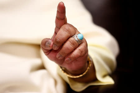 Founder of Pakistan's MQM party, Altaf Hussain, uses his hand to make a point during an interview at the party's offices in London, Britain October 30, 2016. REUTERS/Peter Nicholls