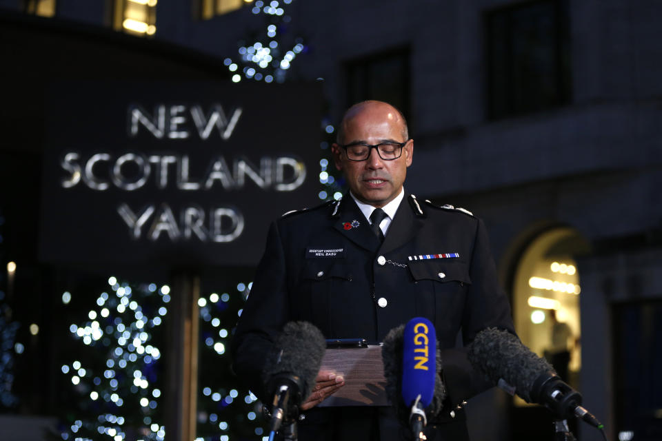 Assistant Commissioner Neil Basu speaks to the media at New Scotland Yard in Westminster, London, after a terrorist wearing a fake suicide vest who went on a knife rampage killing two people, was shot dead by police.