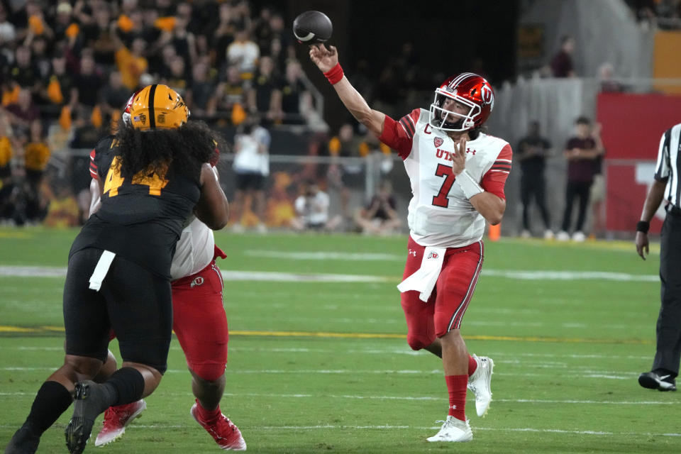 Utah quarterback Cameron Rising (7) throws a pass against Arizona State during the first half of an NCAA college football game Saturday, Sept. 24, 2022, in Tempe, Ariz. (AP Photo/Rick Scuteri)